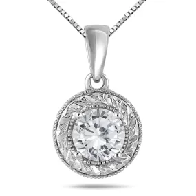 1 Carat Round Antique Engraved Diamond Solitaire Pendant in 14K White Gold