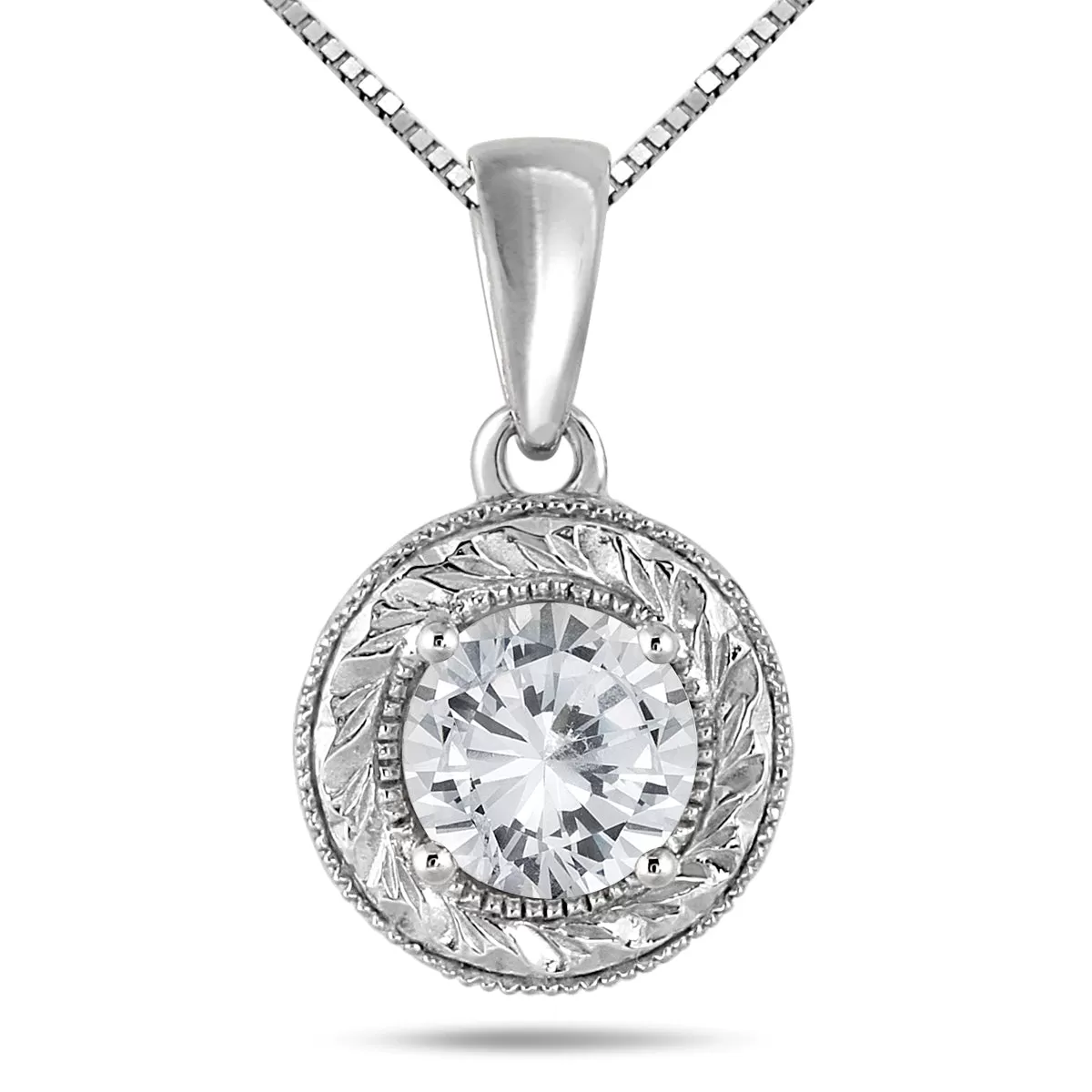 1 Carat Round Antique Engraved Diamond Solitaire Pendant in 14K White Gold