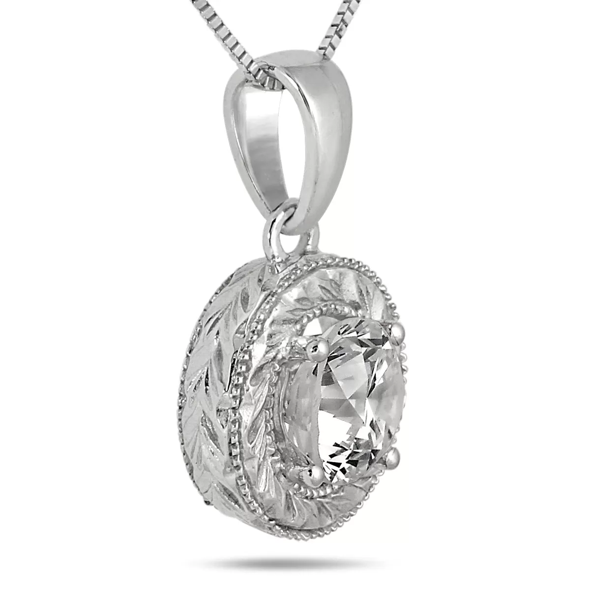 1 Carat Round Antique Engraved Diamond Solitaire Pendant in 14K White Gold