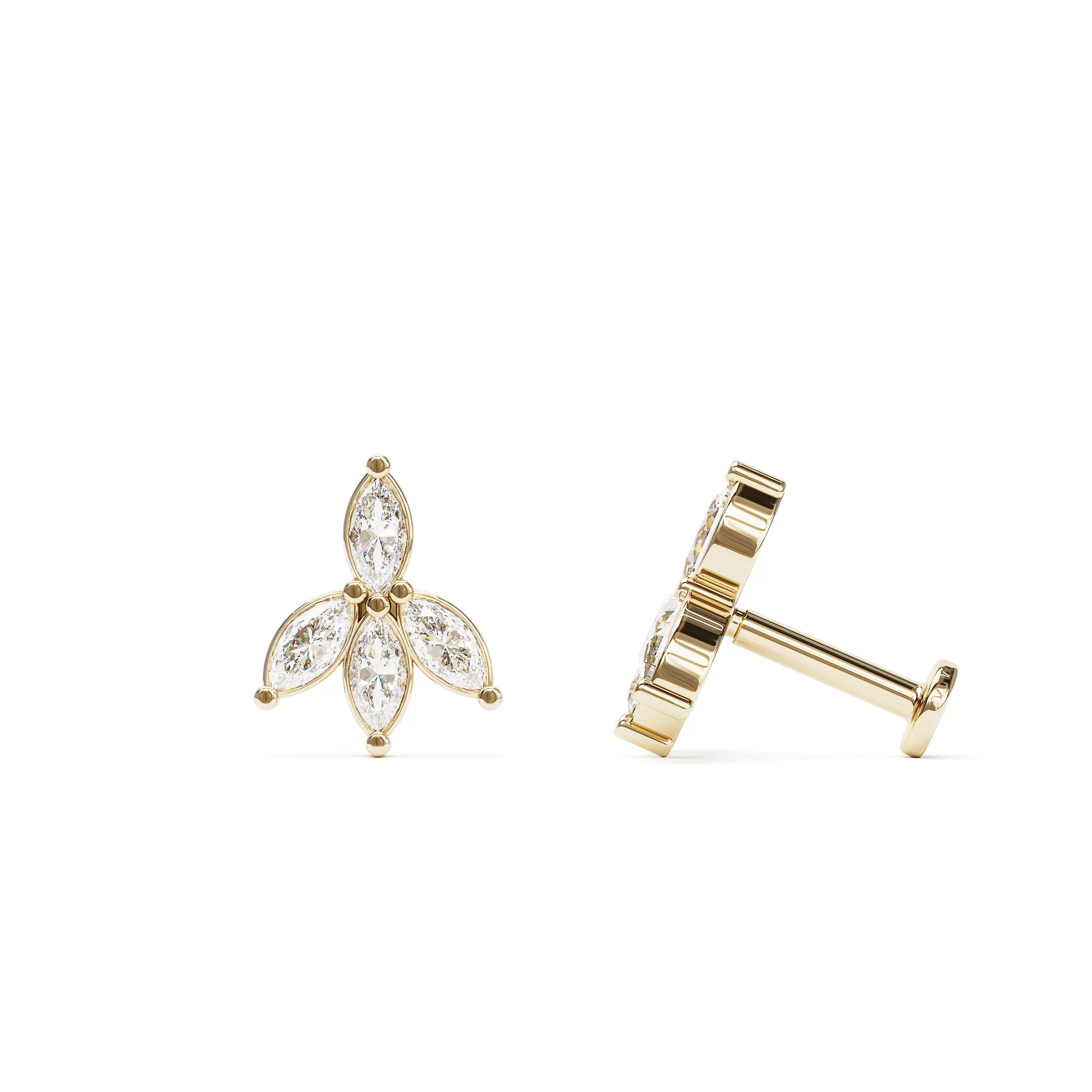 14K Gold Marquise Diamond Lotus Stud