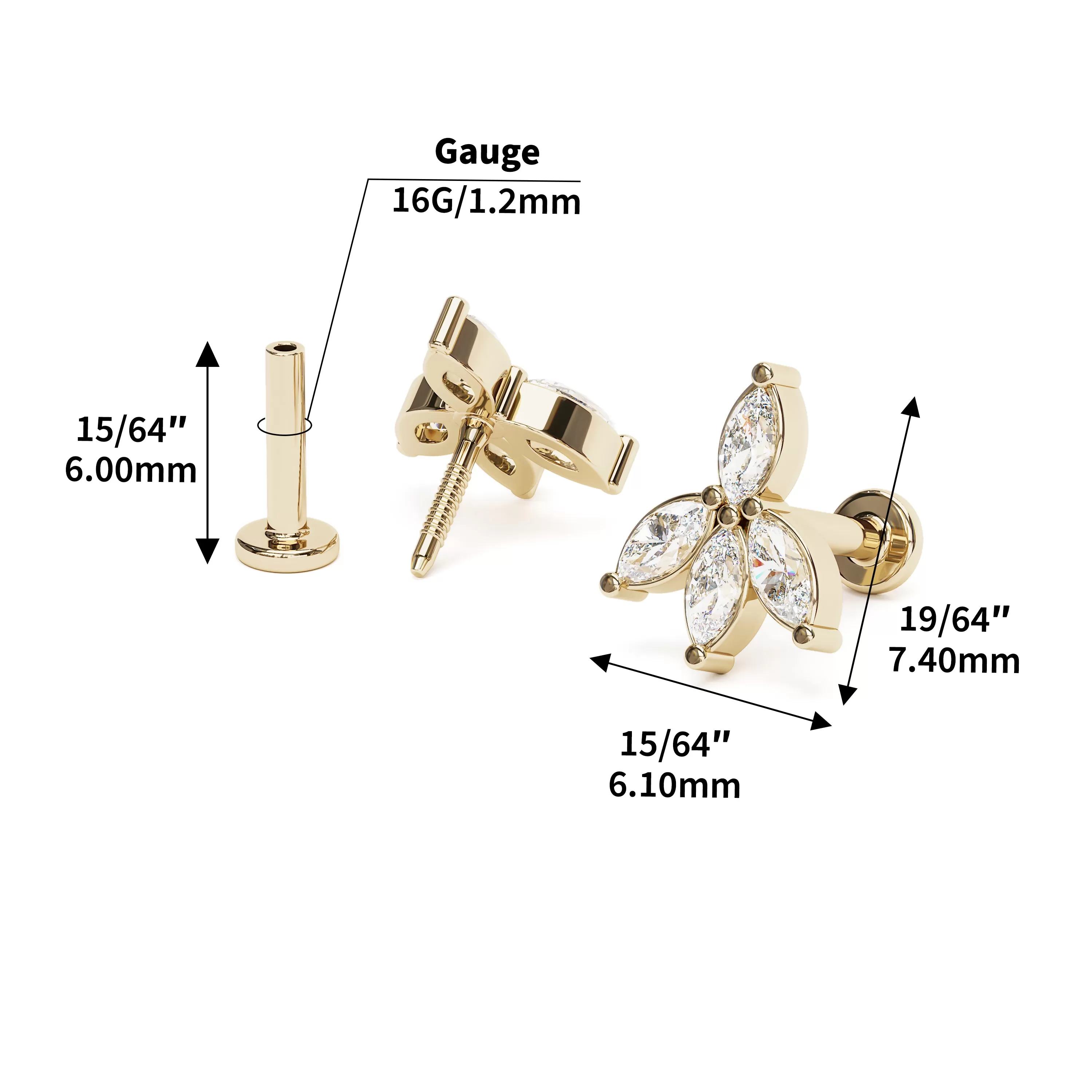 14K Gold Marquise Diamond Lotus Stud