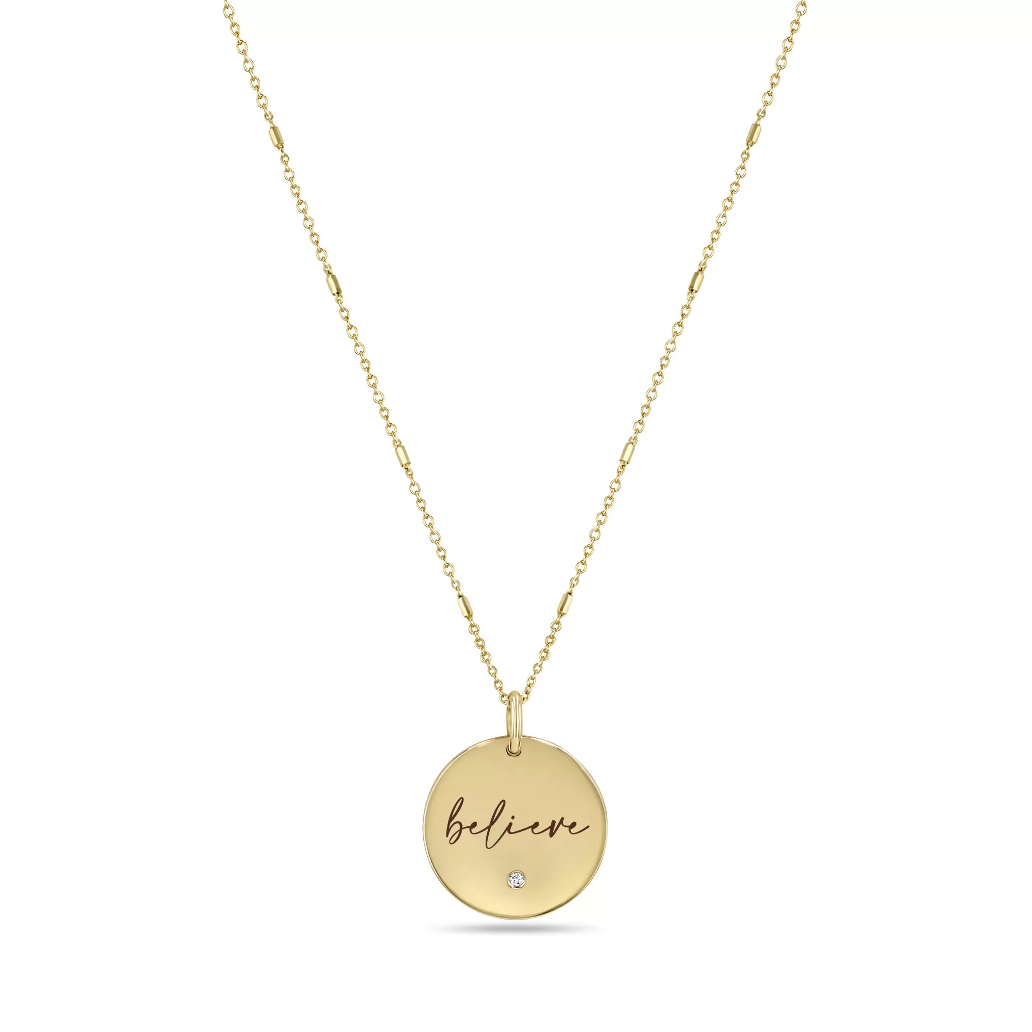 14k Small believe Disc Pendant on Bar & Cable Chain Necklace