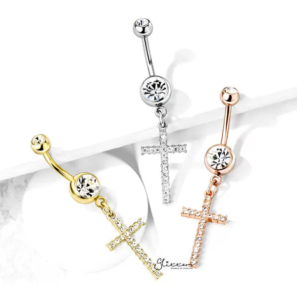 316L Surgical Steel Double Jeweled Belly Button Navel Ring with Dangle Crystal Paved Cross