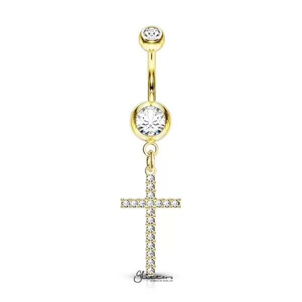 316L Surgical Steel Double Jeweled Belly Button Navel Ring with Dangle Crystal Paved Cross