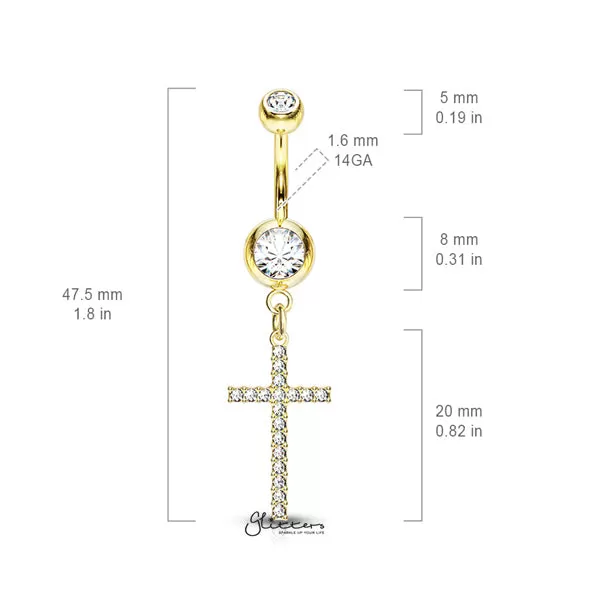 316L Surgical Steel Double Jeweled Belly Button Navel Ring with Dangle Crystal Paved Cross