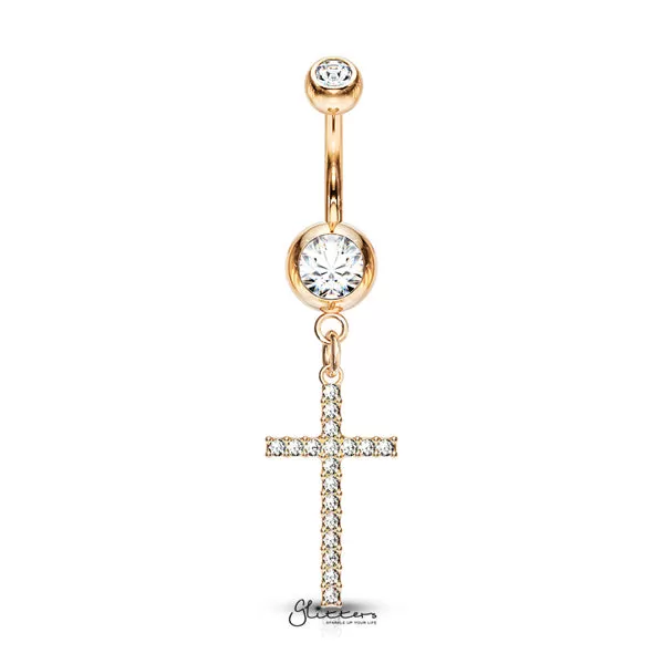 316L Surgical Steel Double Jeweled Belly Button Navel Ring with Dangle Crystal Paved Cross