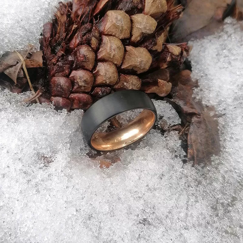 8mm Two Tone Brushed Black & Rose Gold Tungsten Ring