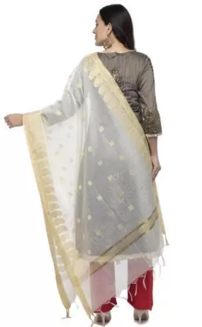 A R Silk Women's Chanderi Zari Embroidery Cream Regular Dupatta