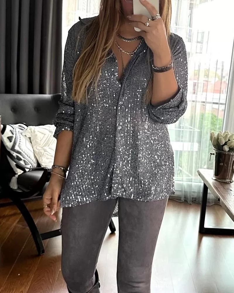 Allover Sequin Buttoned Long Sleeve Top