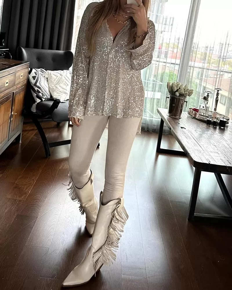 Allover Sequin Buttoned Long Sleeve Top