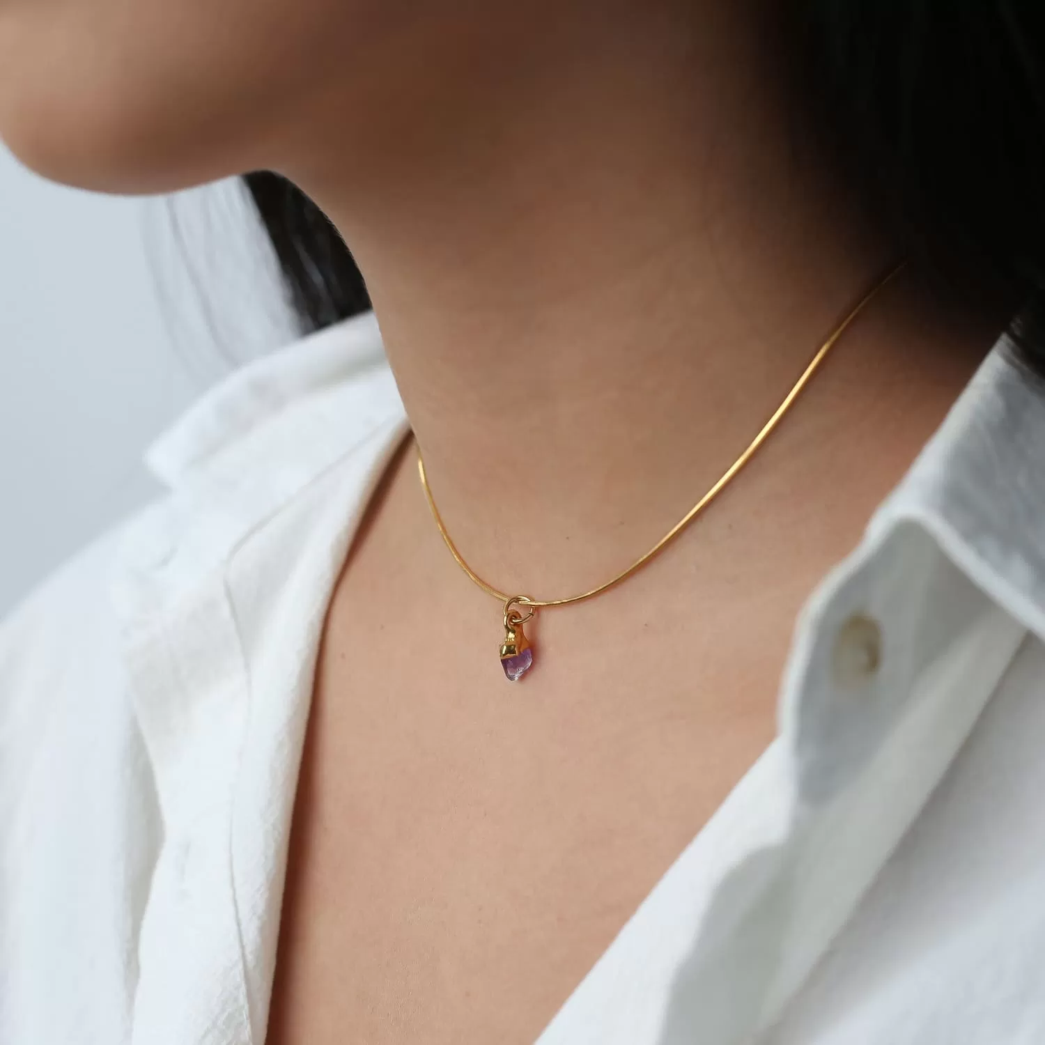 Amethyst Choker • Raw Gemstone Crystal Necklace • 24k Gold Filled Snake Chain • Dainty Small Stone • Simple February Birthstone • 14 inch