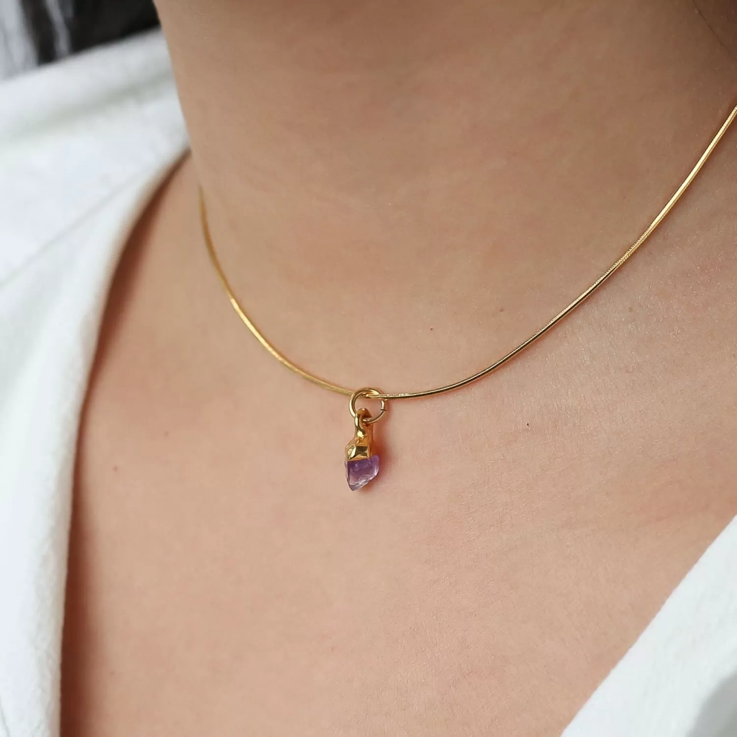 Amethyst Choker • Raw Gemstone Crystal Necklace • 24k Gold Filled Snake Chain • Dainty Small Stone • Simple February Birthstone • 14 inch