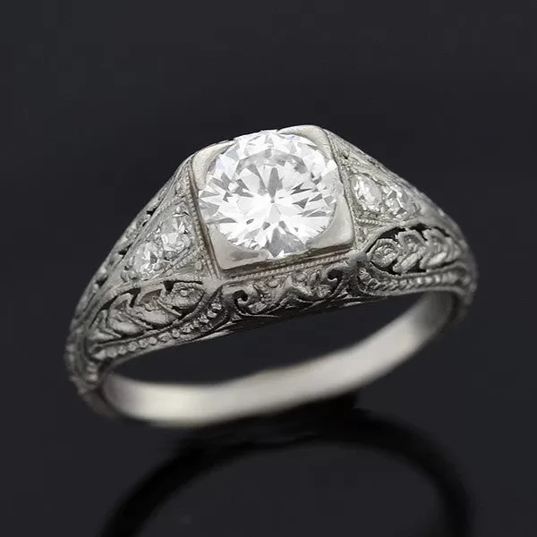 Art Deco Platinum & Diamond Engagement Ring .88ct