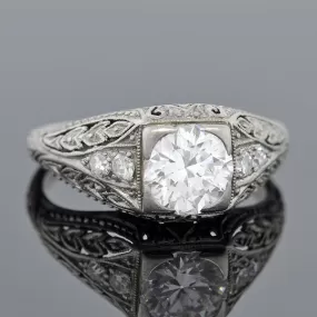 Art Deco Platinum & Diamond Engagement Ring .88ct