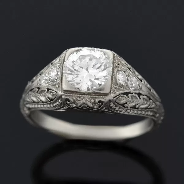 Art Deco Platinum & Diamond Engagement Ring .88ct