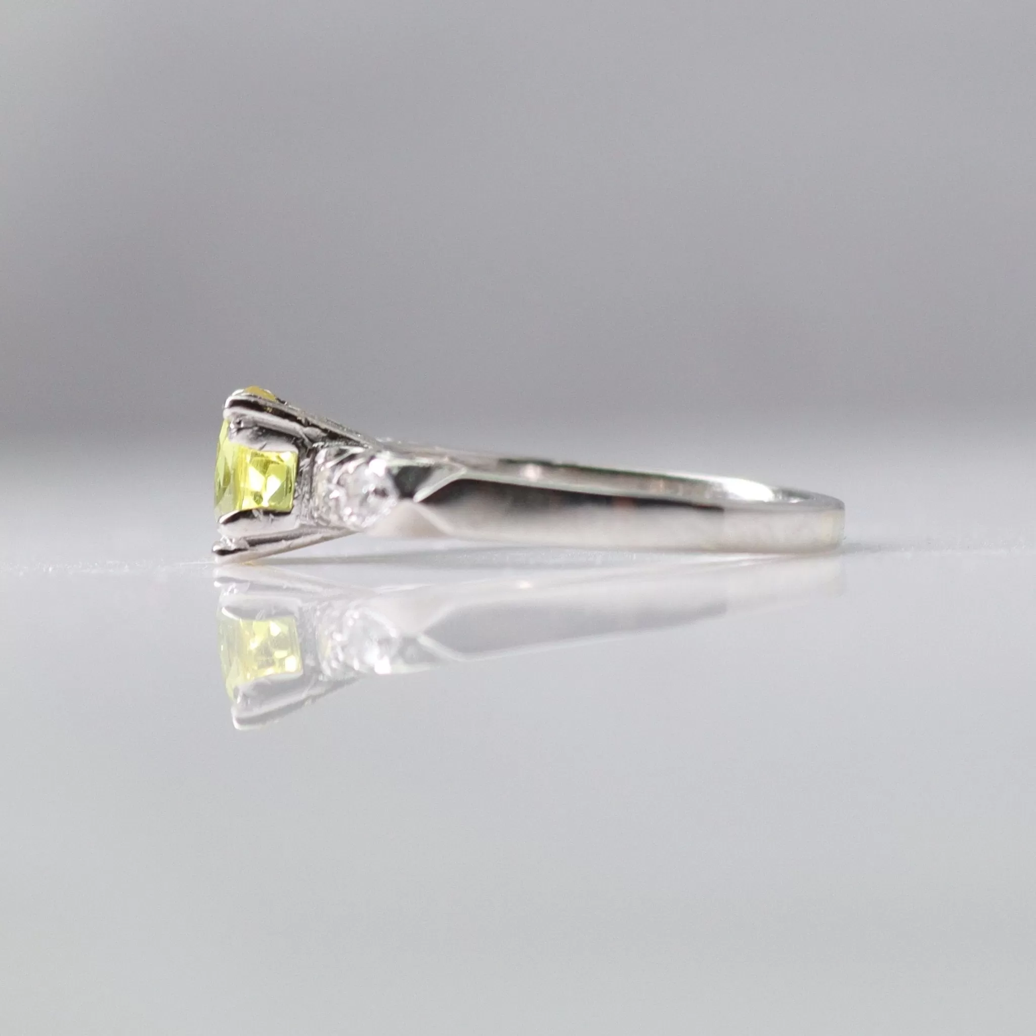 Art Deco Platinum Yellow Sapphire and Diamond Solitaire Ring