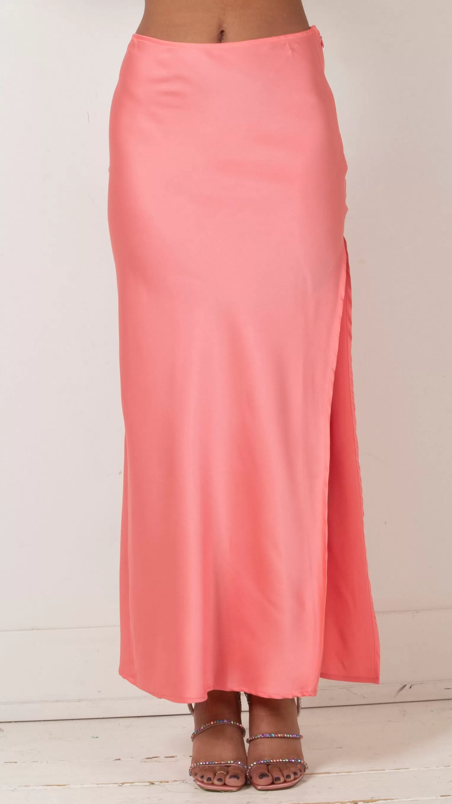 Audrey Side Slit Satin Maxi Skirt - Flamingo