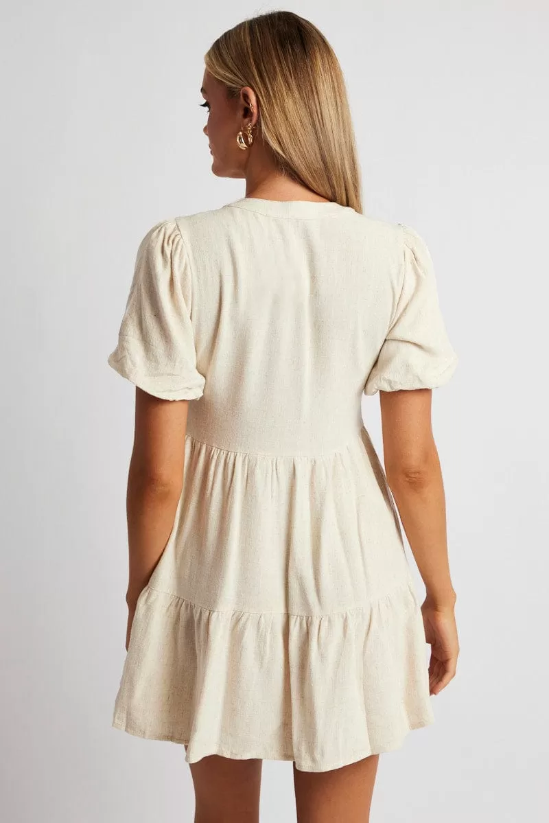 Beige Button Through Mini Dress Collar Linen Blend