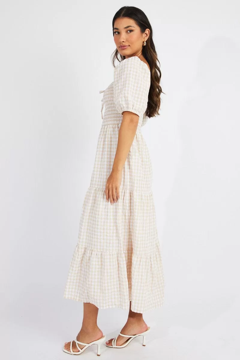 Beige Check Maxi Dress Short Sleeve Shirred