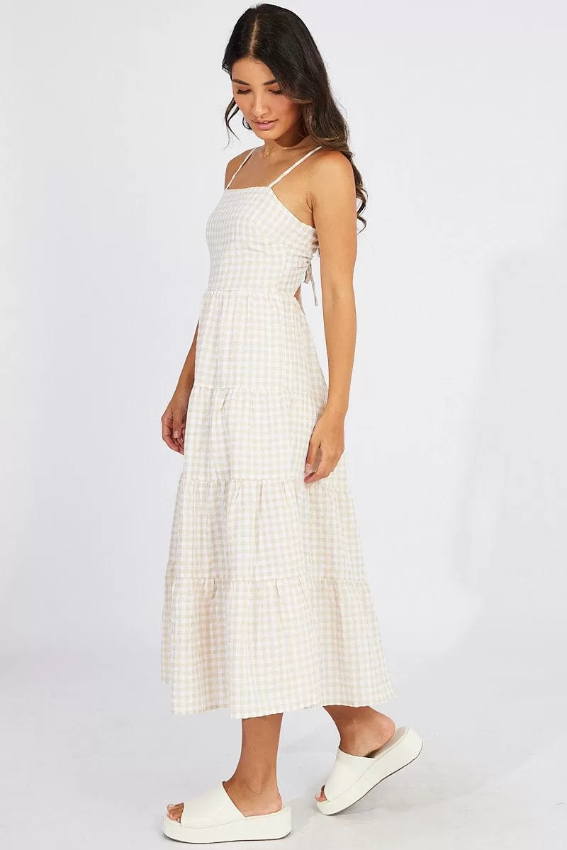 Beige Check Midi Dress Sleeveless Tie Back