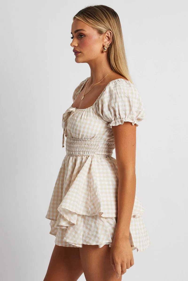 Beige Check Ruffle Playsuit Short Sleeve Ruched Bust