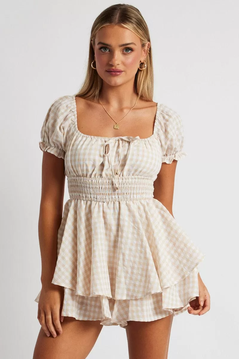 Beige Check Ruffle Playsuit Short Sleeve Ruched Bust