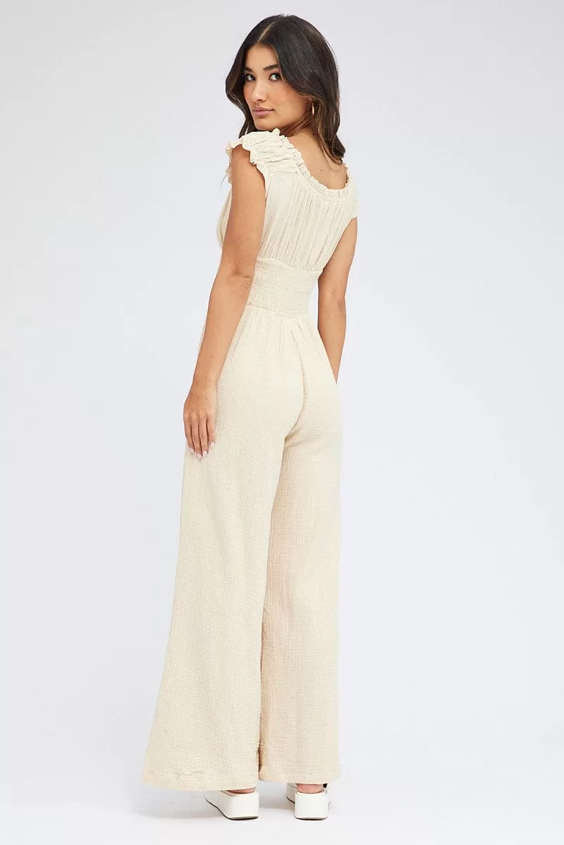 Beige Jumpsuit Short Sleeve Off Shoulder Shirred Cotton