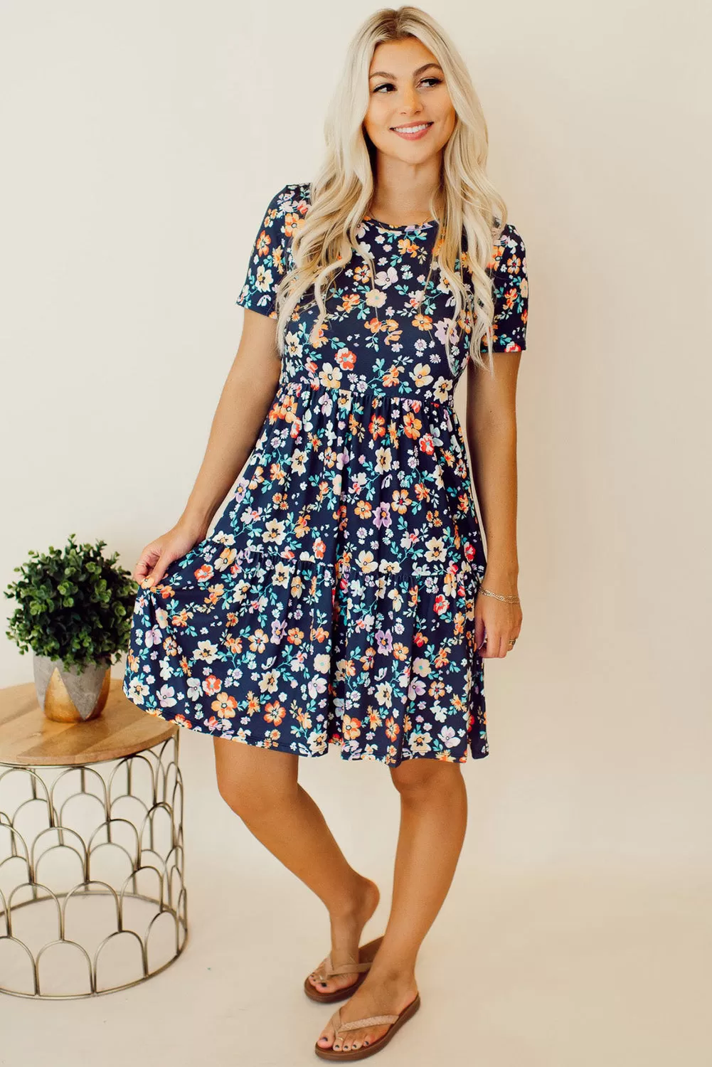 Bella Blue Short Sleeve A-line Floral Dress