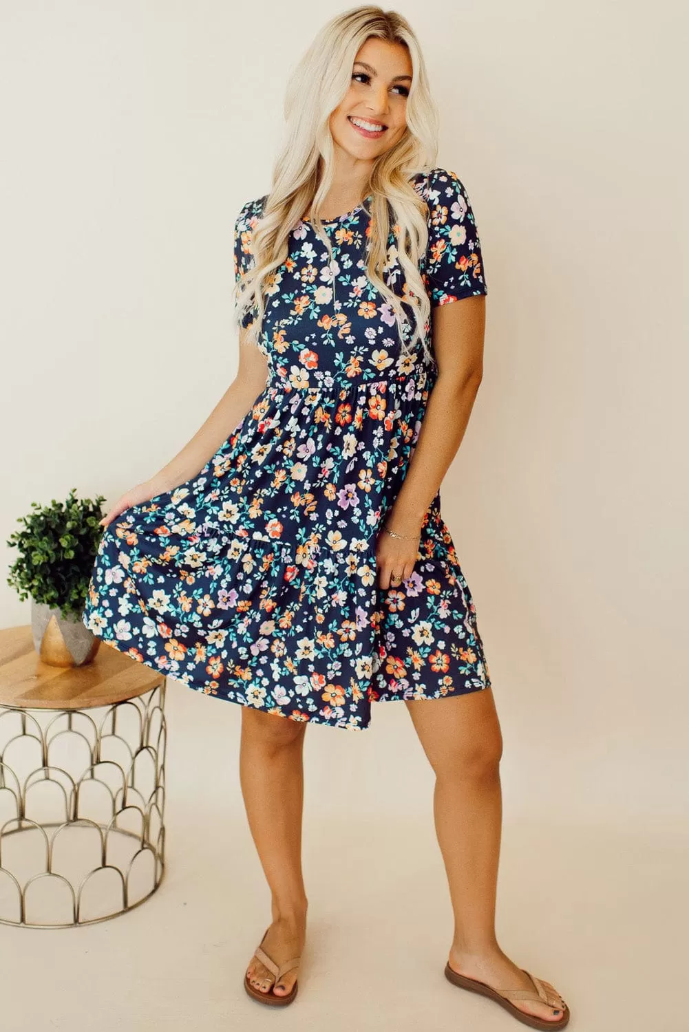 Bella Blue Short Sleeve A-line Floral Dress