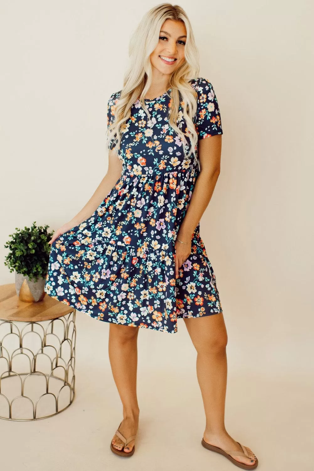 Bella Blue Short Sleeve A-line Floral Dress