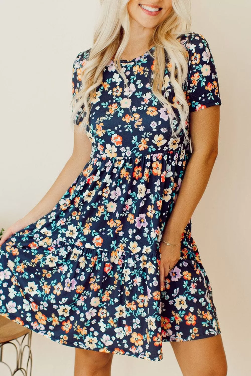 Bella Blue Short Sleeve A-line Floral Dress