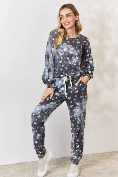 BiBi Star Pattern Long Sleeve Top and Drawstring Pants Set