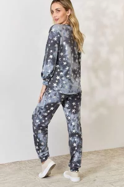 BiBi Star Pattern Long Sleeve Top and Drawstring Pants Set