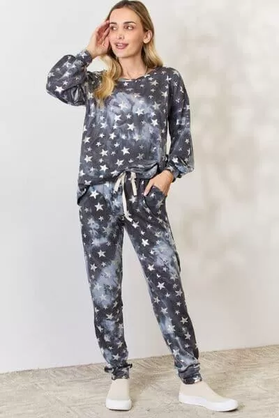 BiBi Star Pattern Long Sleeve Top and Drawstring Pants Set