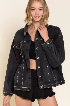 BLACK DENIM STUDDED BOYFRIEND JACKET