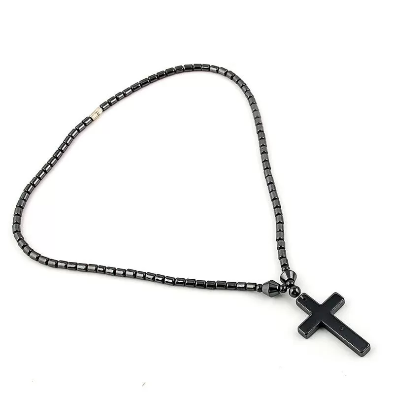 Black Hematite Stone Cross Pendant and Necklace with Magnetic Lock