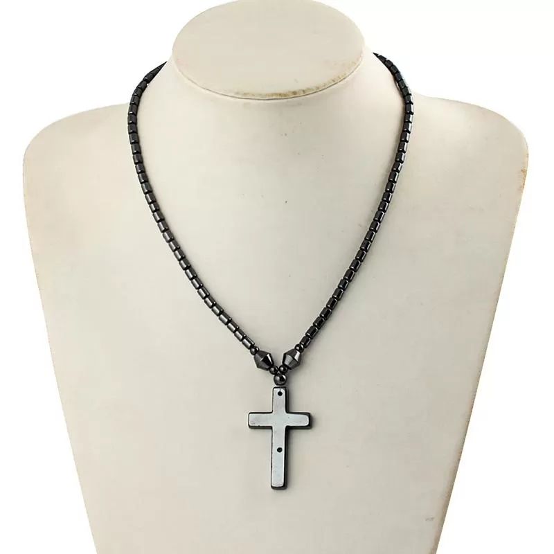 Black Hematite Stone Cross Pendant and Necklace with Magnetic Lock