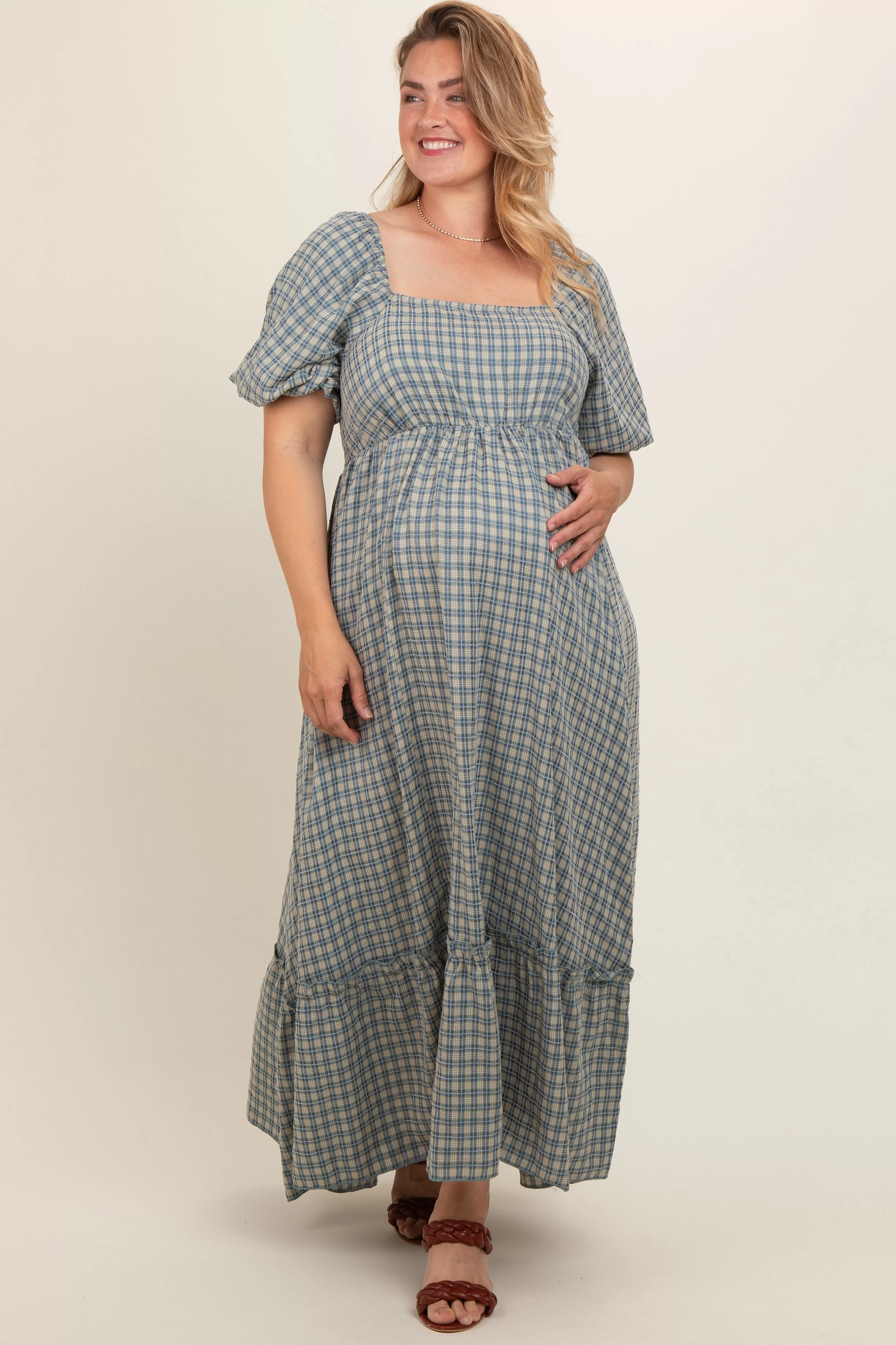 Blue Plaid Puff Sleeve Maternity Plus Maxi Dress