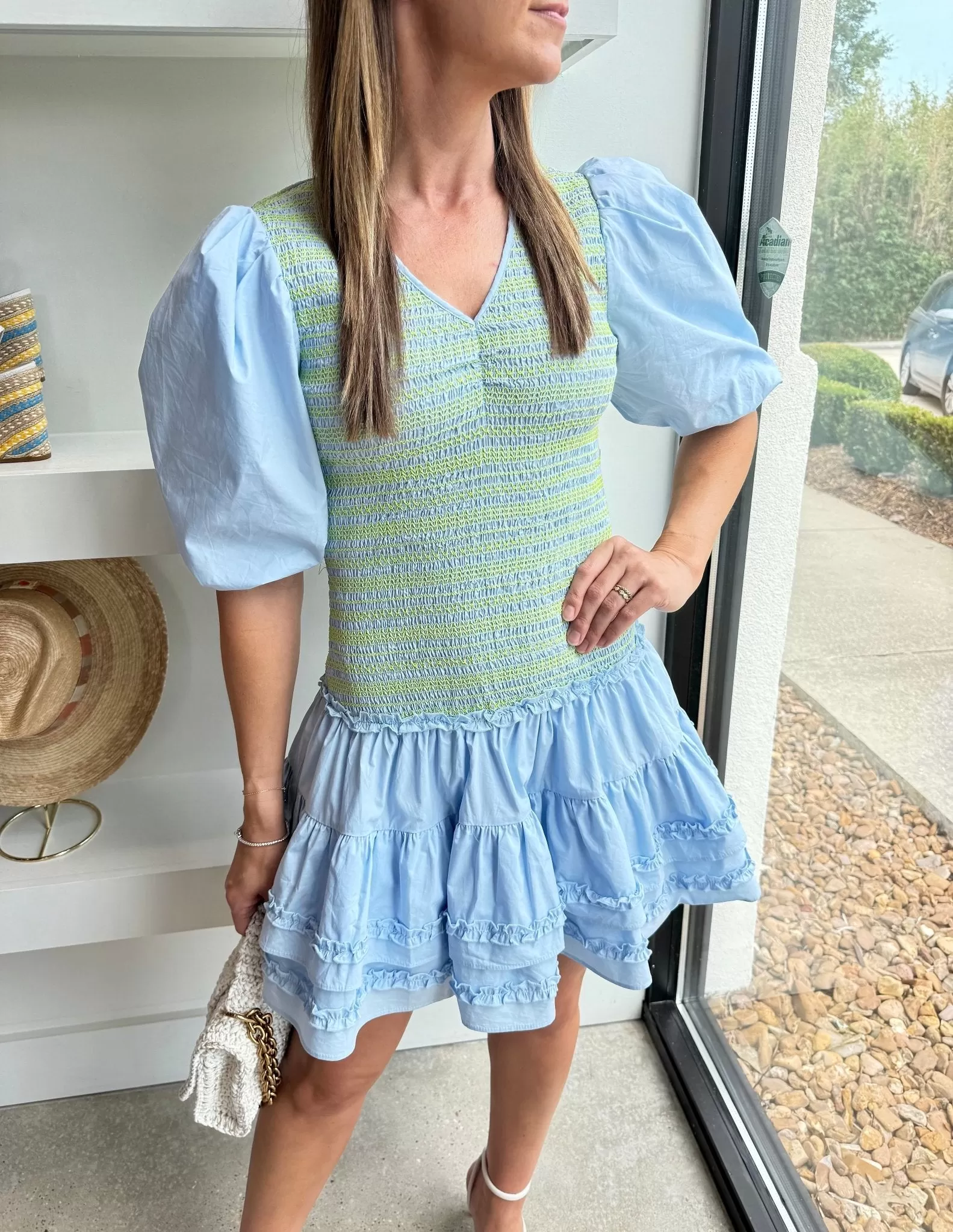 Blue Poplin Smocked Stitch Dress