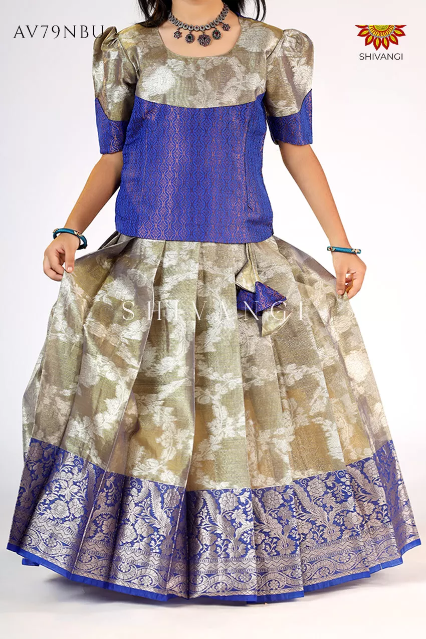 Blue Silver Poppy Pattu Pavadai For Girls - Festive Wear!!!