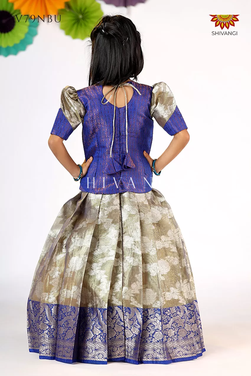 Blue Silver Poppy Pattu Pavadai For Girls - Festive Wear!!!