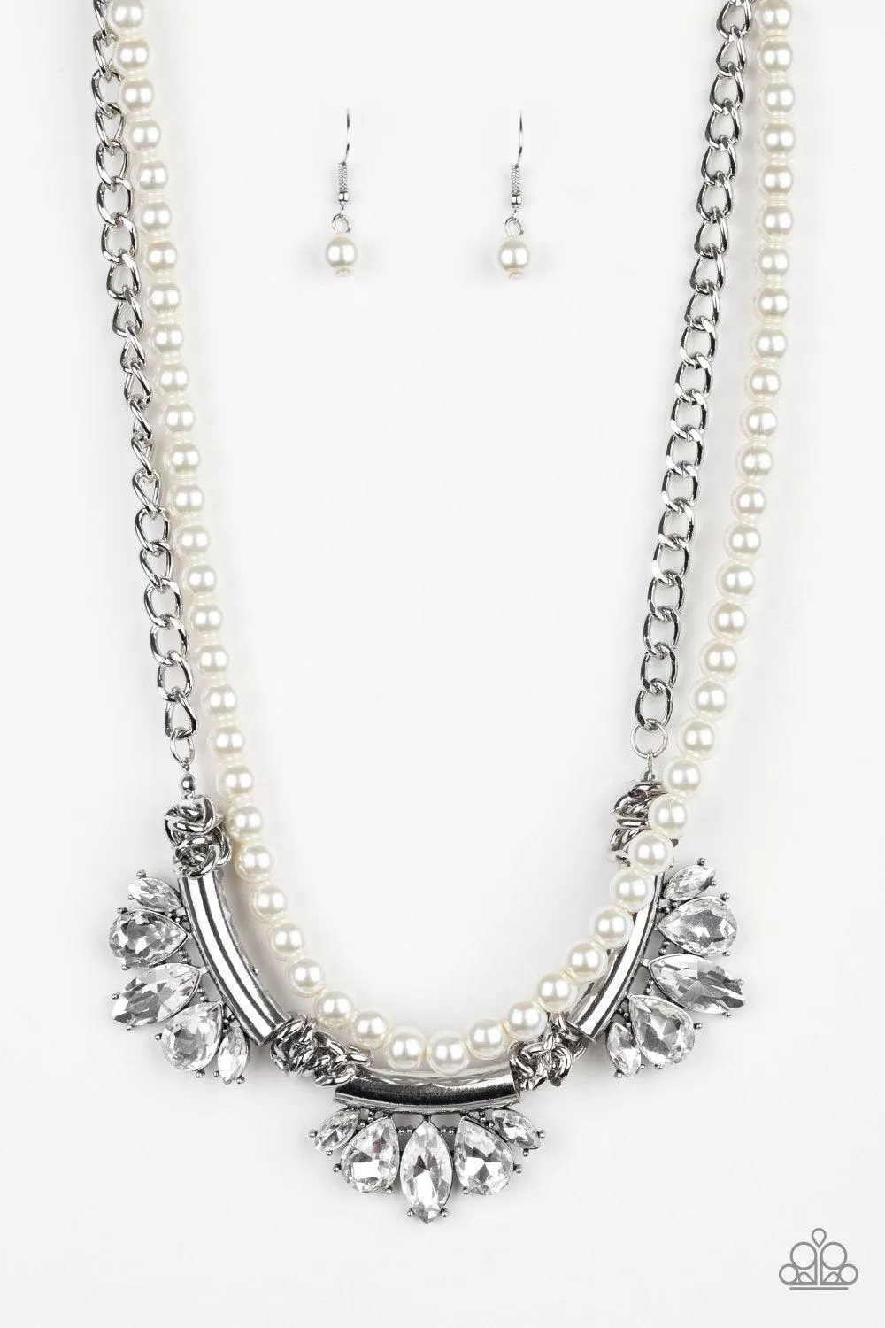 Bow Before the Queen White Pearl and Rhinestone Necklace - Paparazzi Accessories