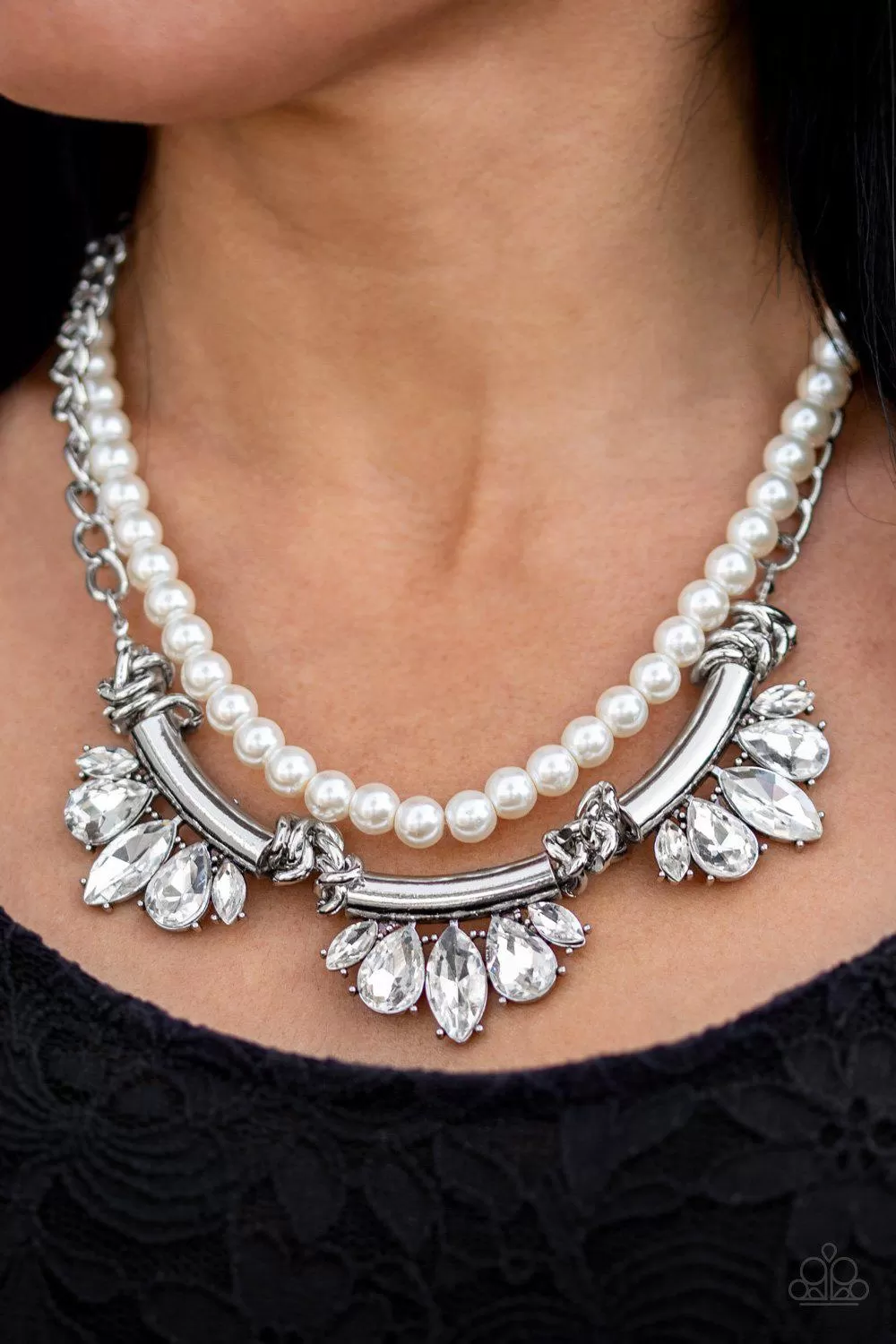 Bow Before the Queen White Pearl and Rhinestone Necklace - Paparazzi Accessories