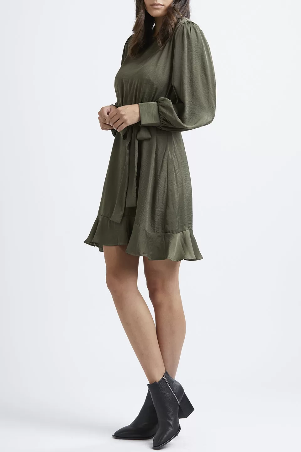 Brilliance LS Khaki Whisky Washer Satin Shift Dress