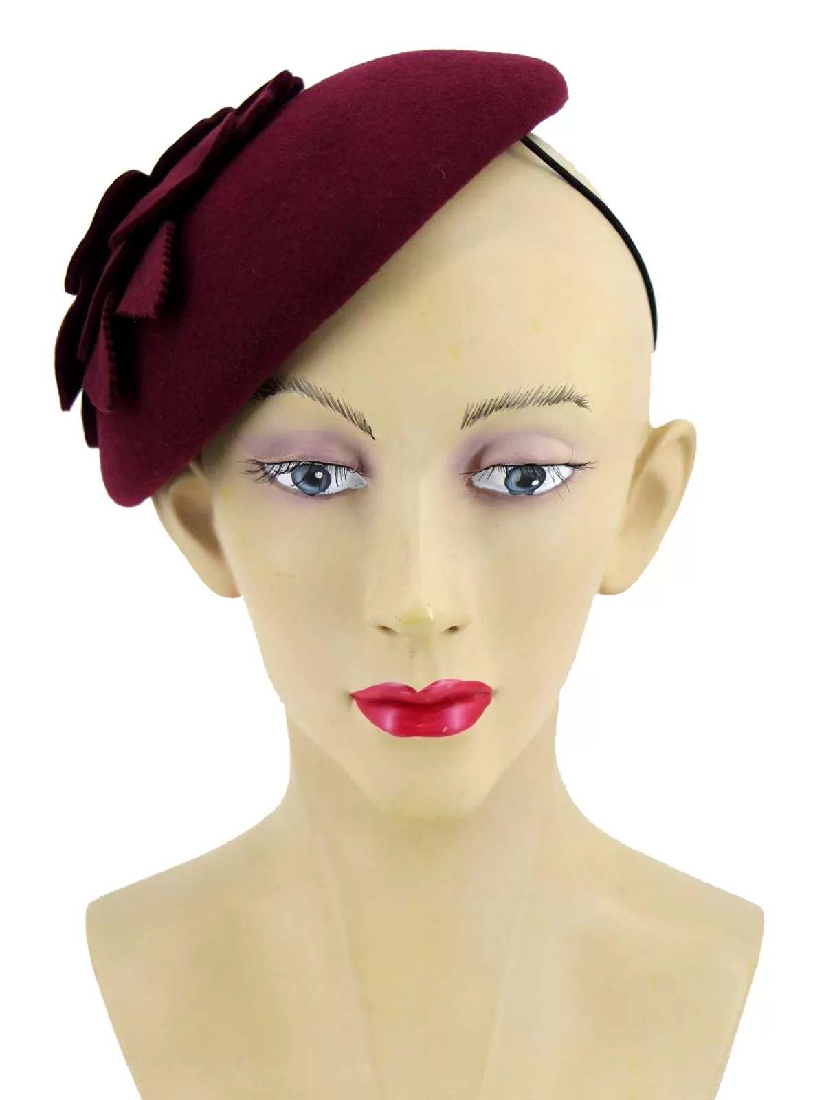 Burgundy Vintage Style Felt Flower Button Hat