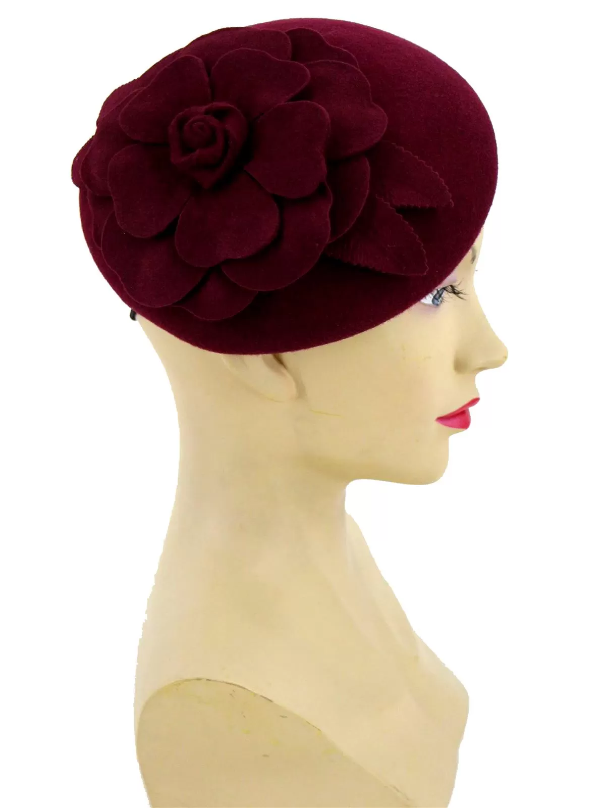 Burgundy Vintage Style Felt Flower Button Hat