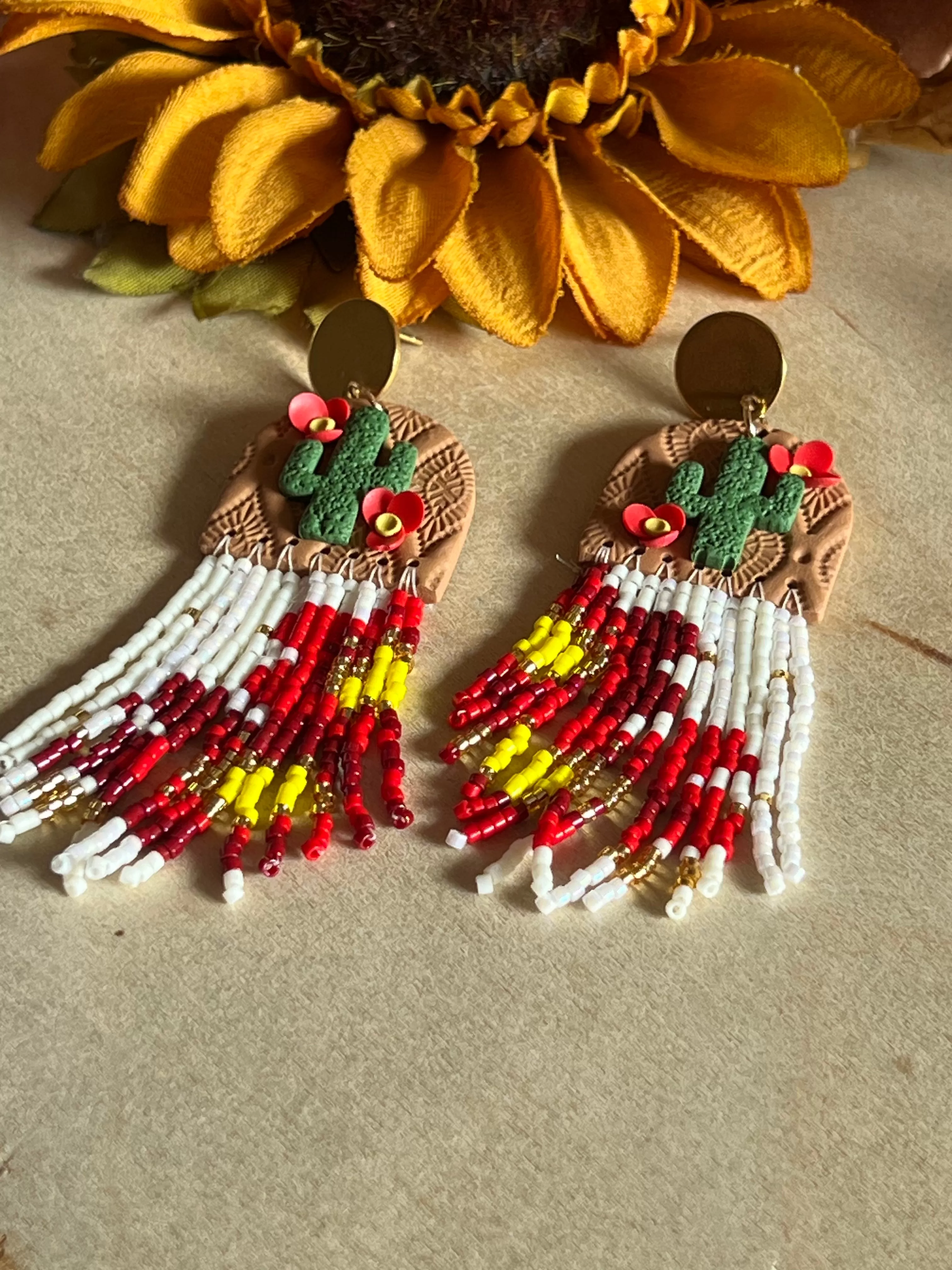 Cactus Flower Clay Handbeaded Earrings