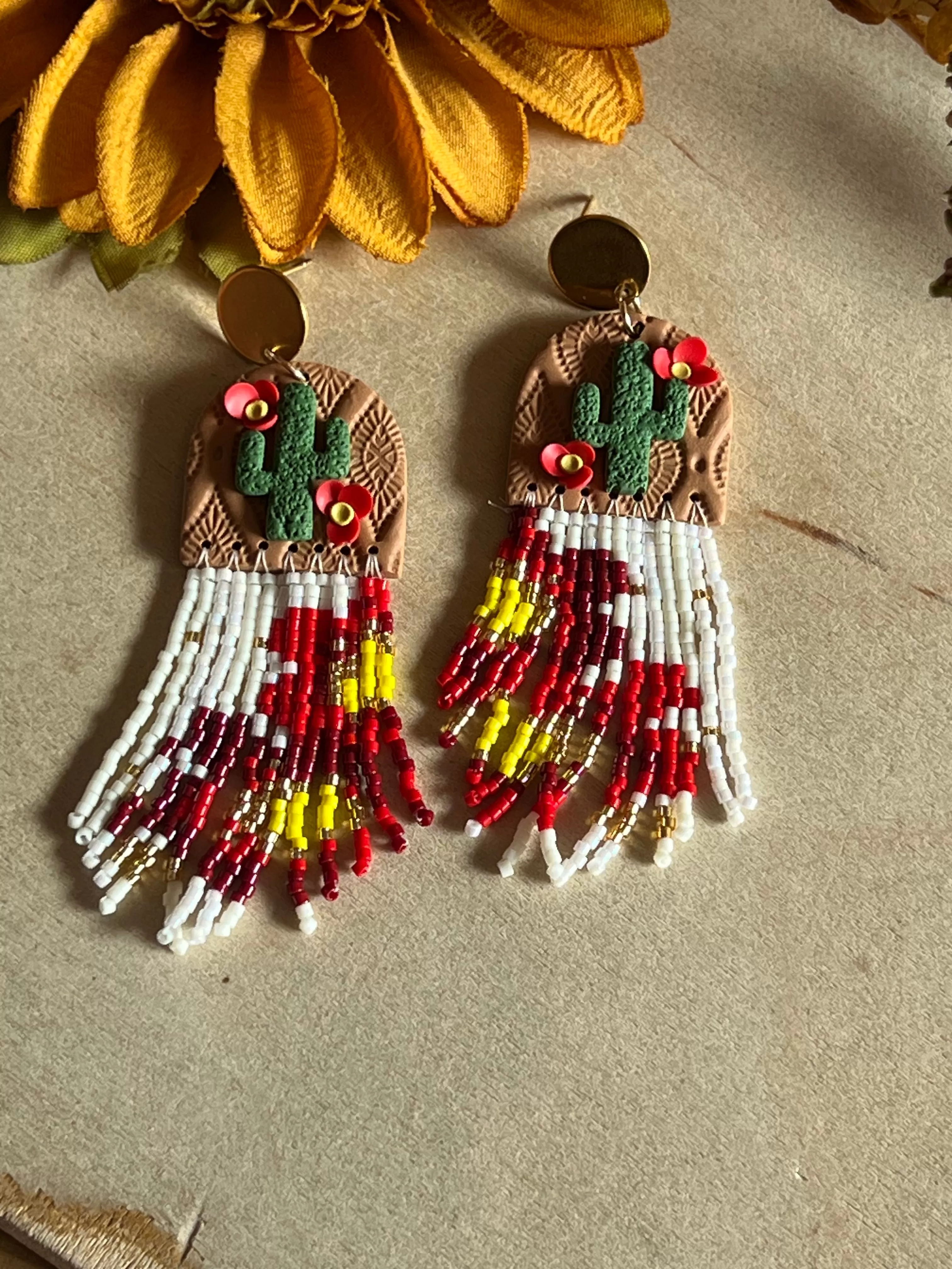 Cactus Flower Clay Handbeaded Earrings