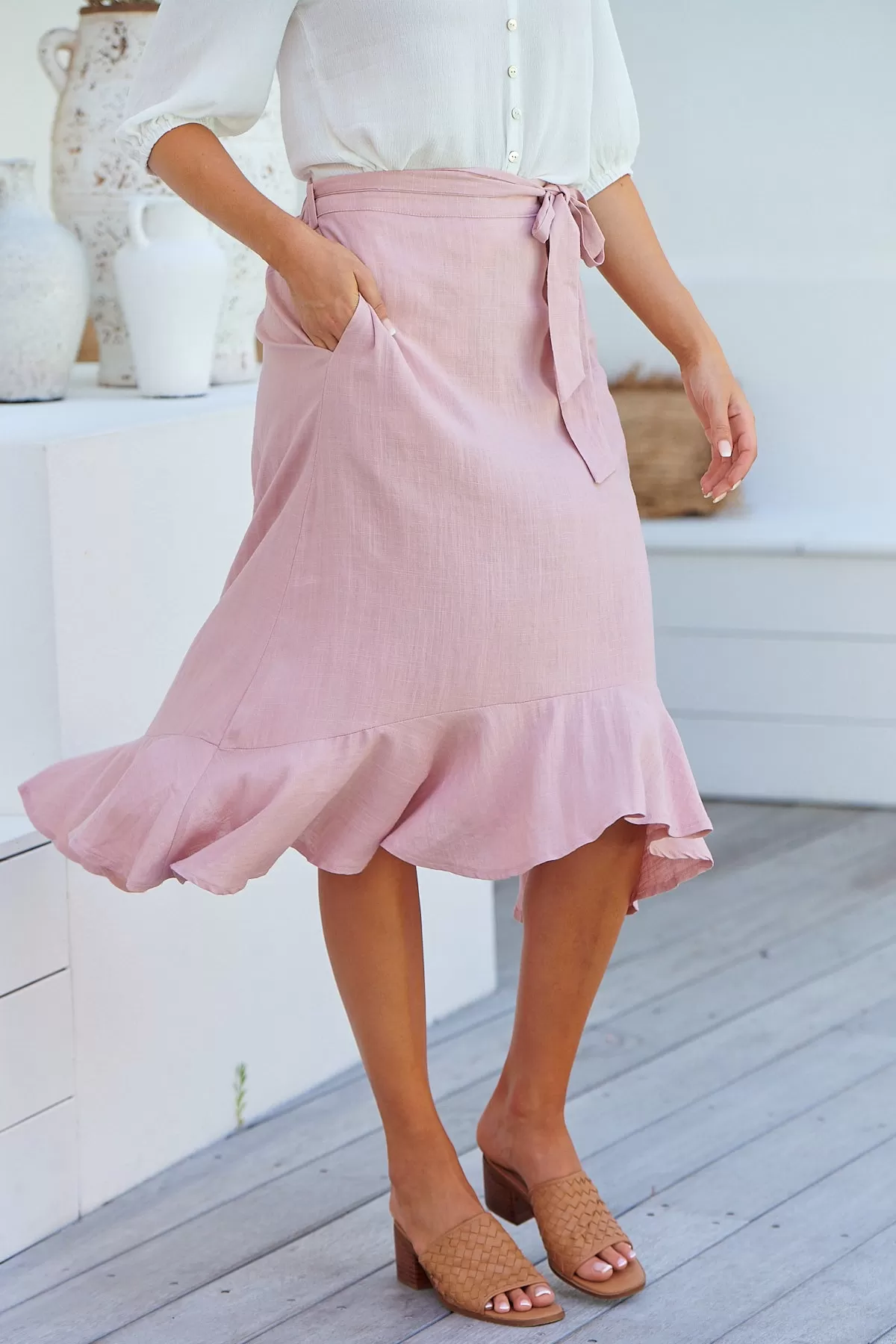 Ciri Pink Tie Waist Midi Linen Skirt