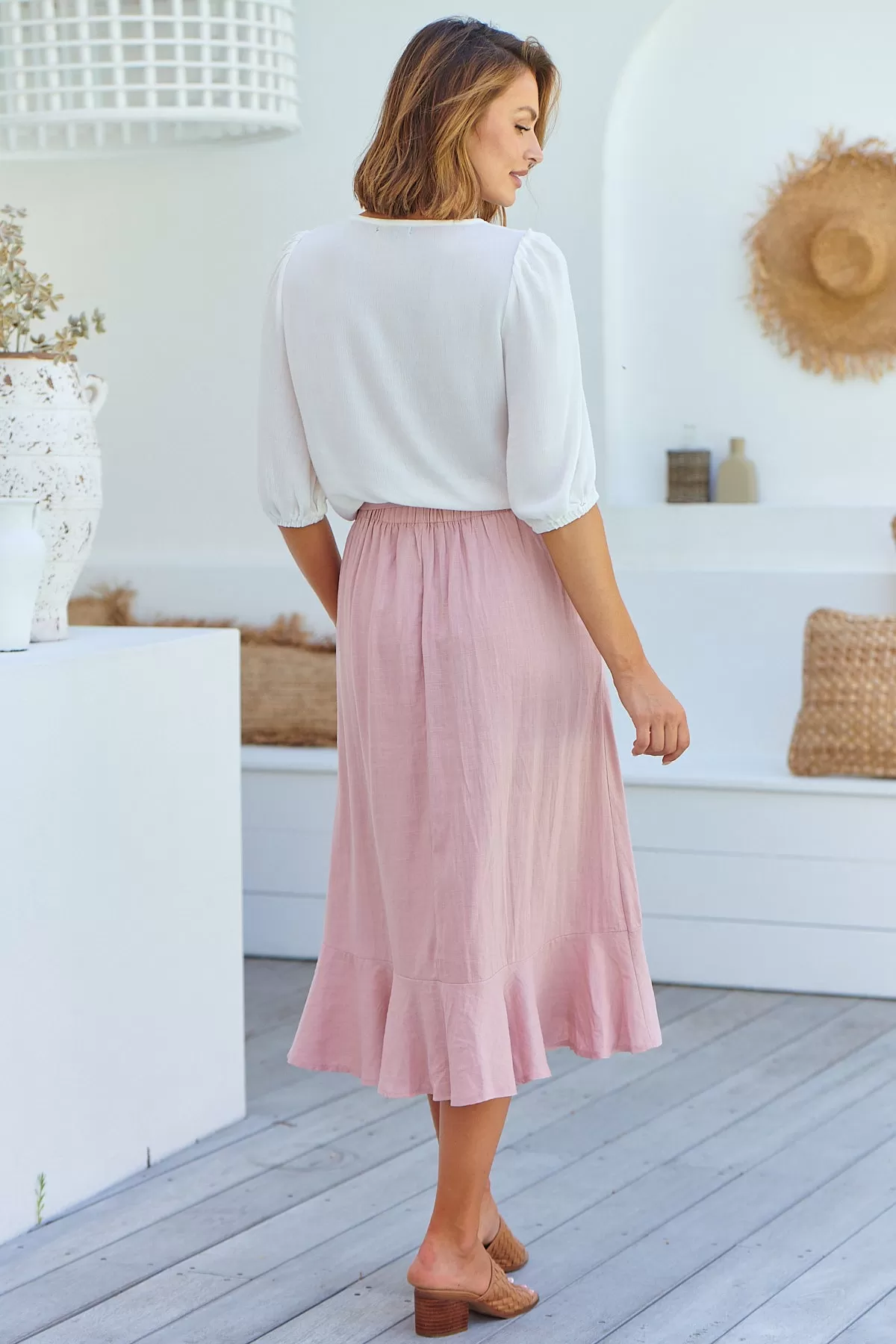 Ciri Pink Tie Waist Midi Linen Skirt